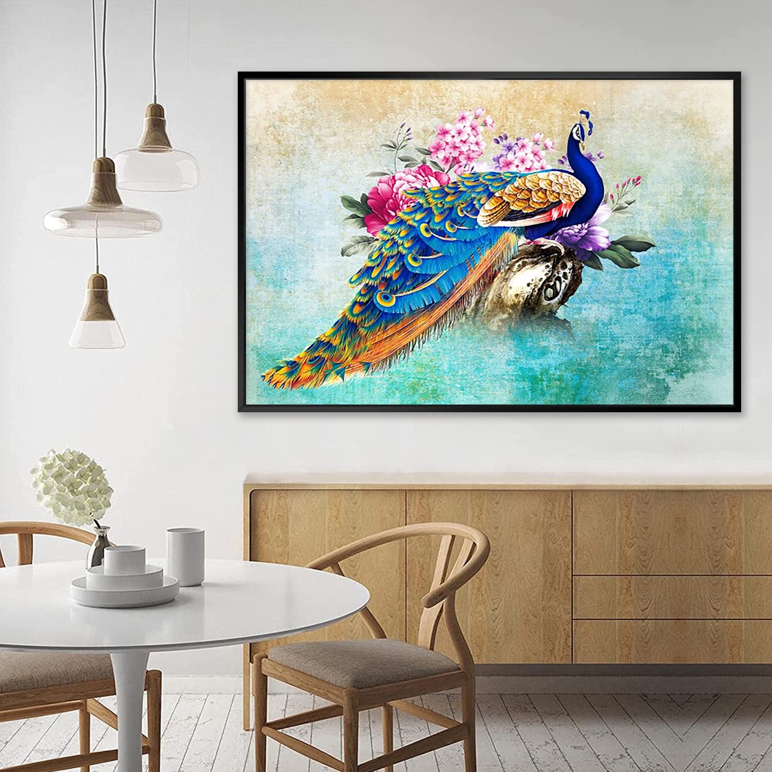 Amazon.co.jp: 絵画 水彩青の孔雀と花ですインテリア 絵画 鳥アート